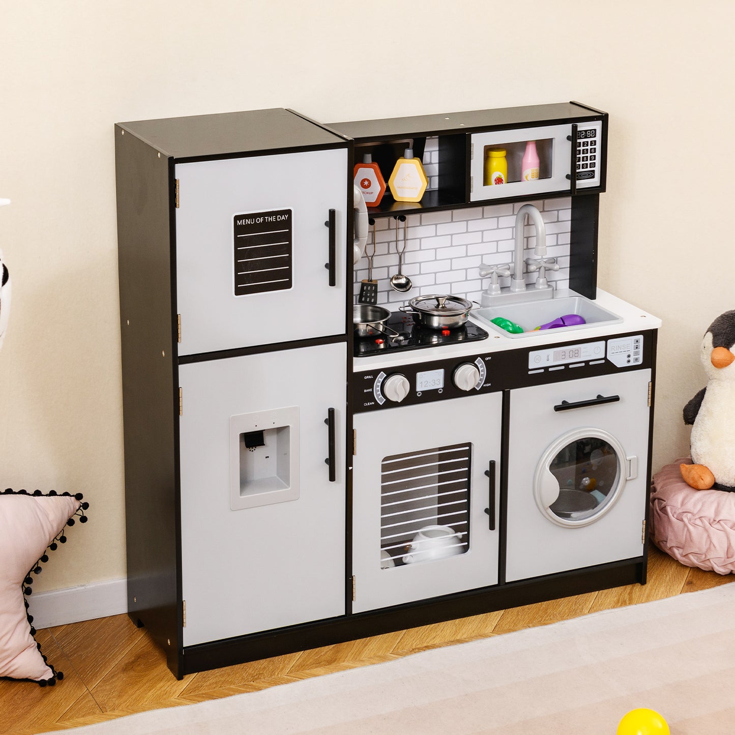 Play Kitchen Toy Set with Oven and Washing Machine for Aged 3+ Years Old-Black