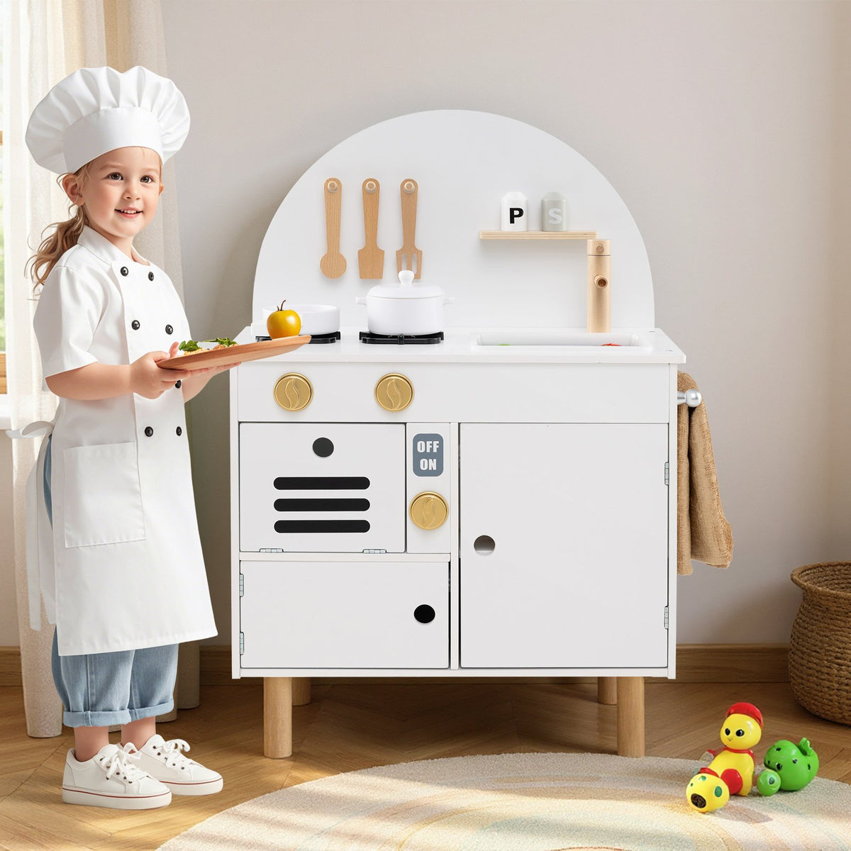 Play Kitchen for Kids Wooden Kitchen Playset with Stoves Faucet-Pink