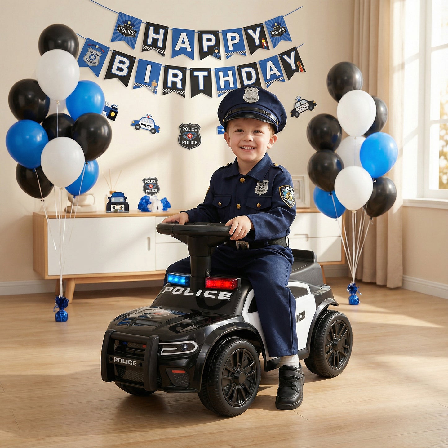 Police Kids Push Ride on Car with Steering Wheel and Siren Sounds for Kids Aged 18M+-Black