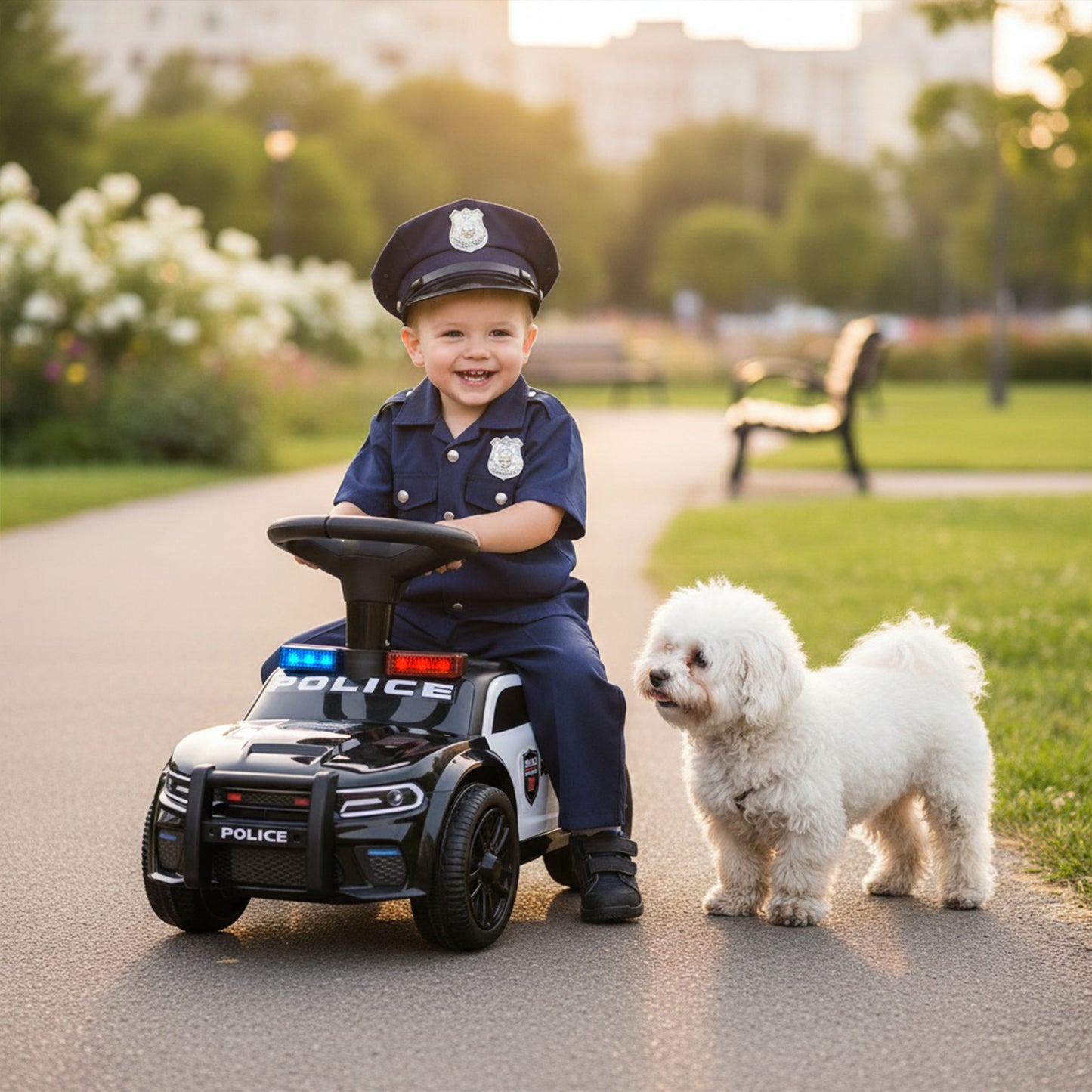 Police Kids Push Ride on Car with Steering Wheel and Siren Sounds for Kids Aged 18M+-Black