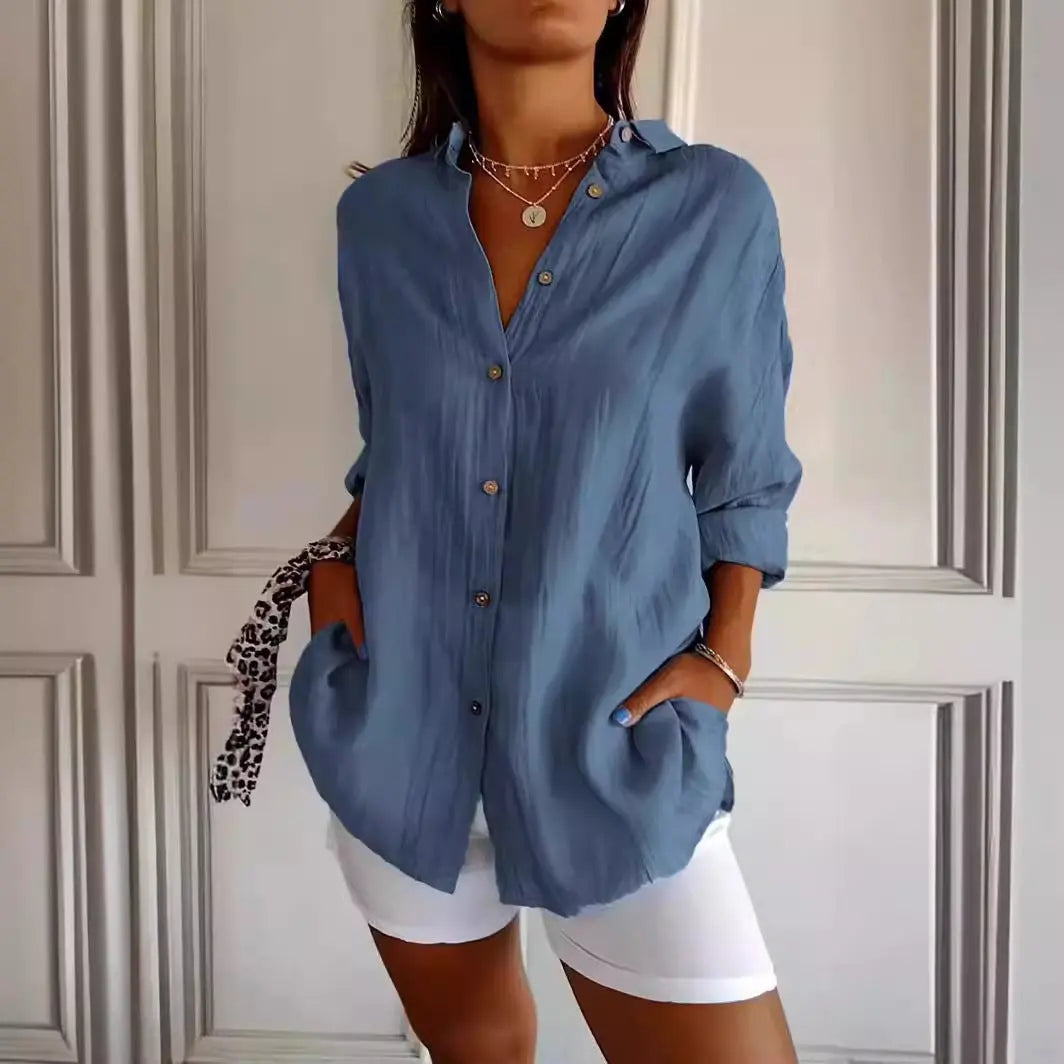Popular Spring And Summer New Women's Loose Open Button Shirt Solid Color Top