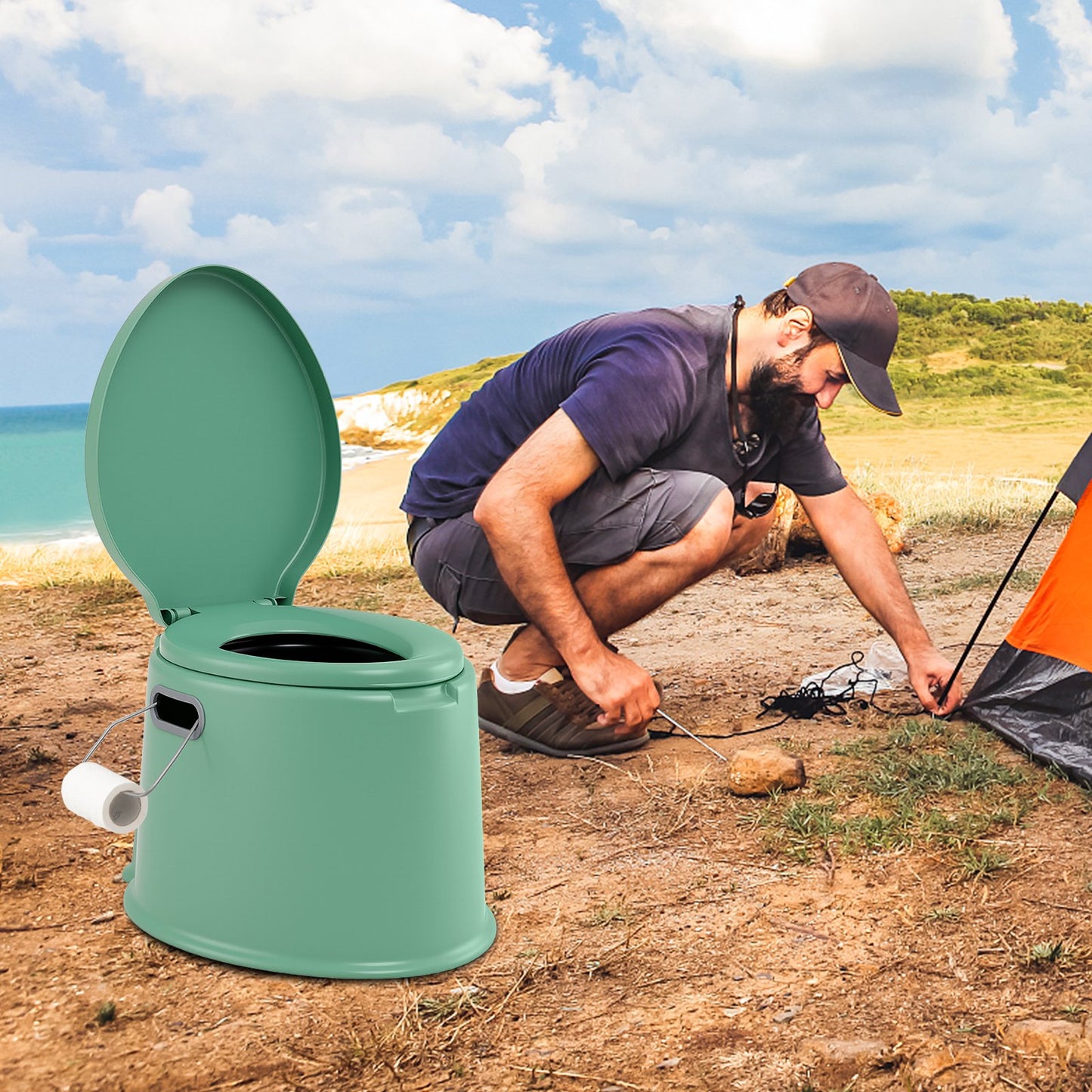 Portable Travel Toilet with Detachable Inner Bucket and Removable Toilet Paper Holder-Black