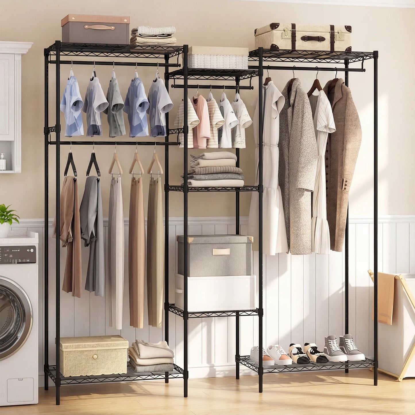 Portable Wardrobe Convertible Clothes Organizer with L-shape and Horizontal Installation-Black