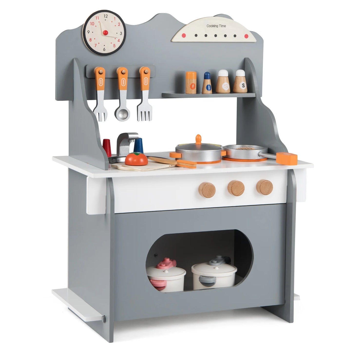 Pretend Play Toy Kitchen Set with Clock Stove Spice Rack for Aged 3+-Grey