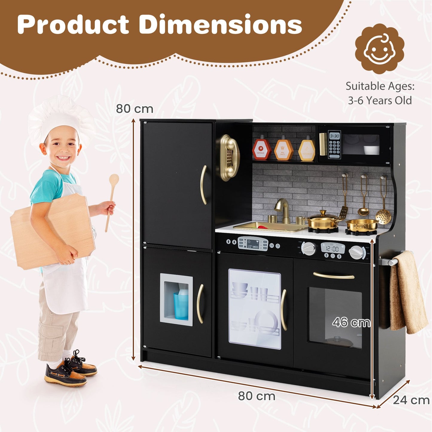 Toddler Pretend Kitchen Playset with Accessories and Simulated Sounds-Black