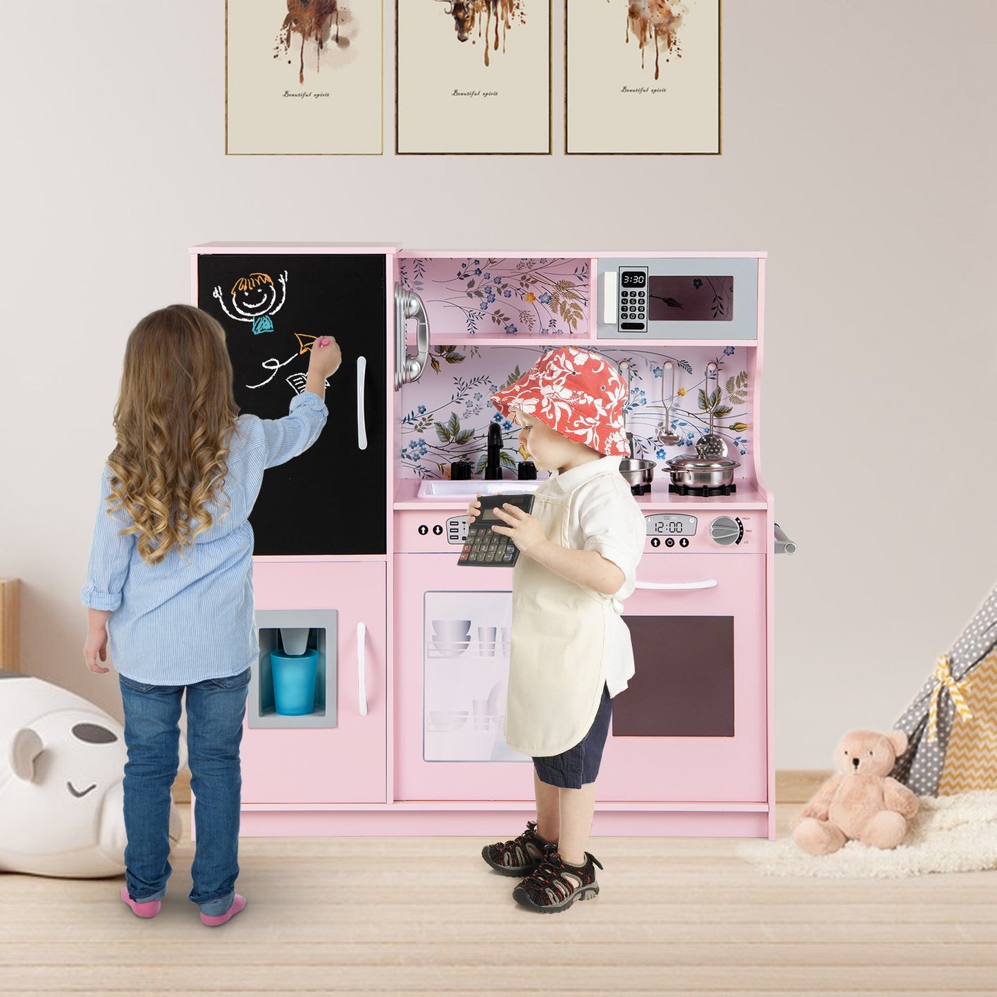 Toddler Pretend Kitchen Playset with Accessories and Simulated Sounds-Black