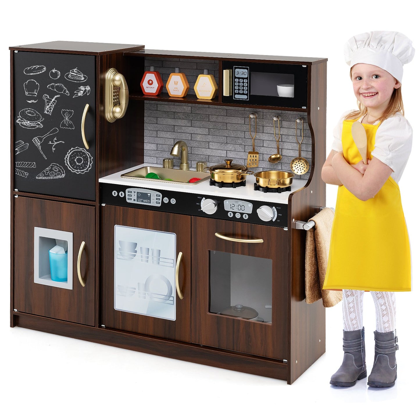 Toddler Pretend Kitchen Playset with Accessories and Simulated Sounds-Black