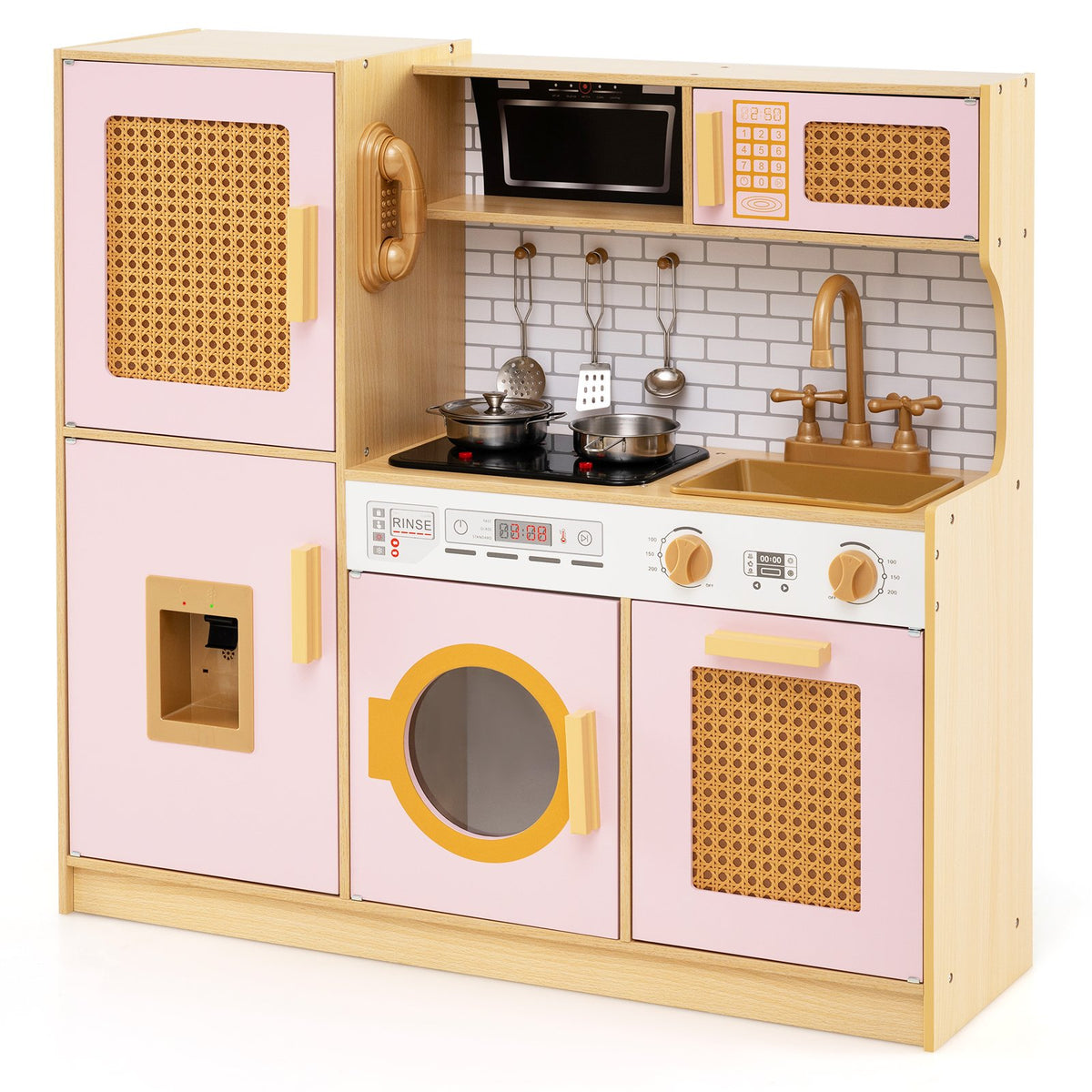 Wooden Kids Kitchen Playset with Real Sounds Lights Stove Water Dispenser-Yellow