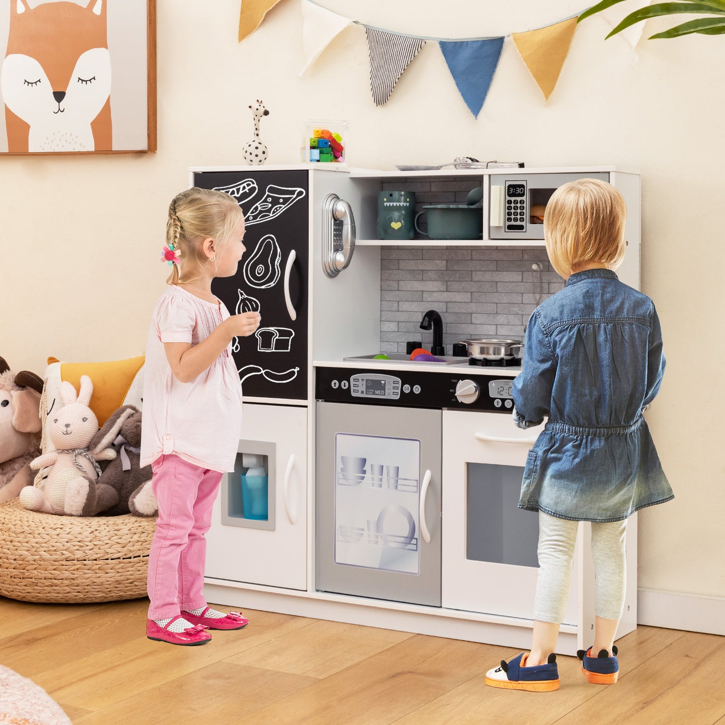 Toddler Pretend Kitchen Playset with Accessories and Simulated Sounds-Black