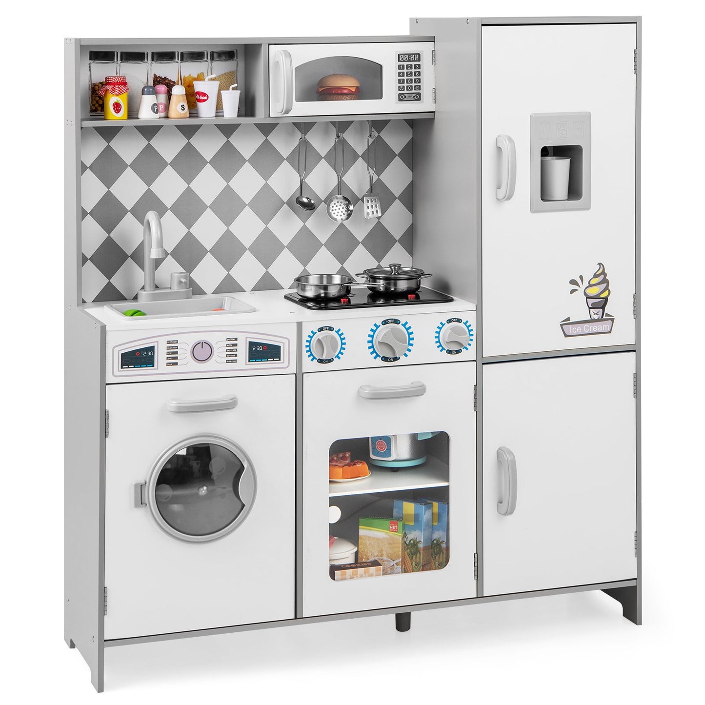Pretend Play Kitchen with Ice Maker and Cooking Stove for Kids-White
