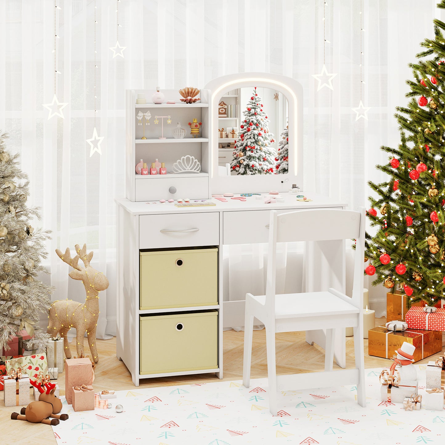 Kids Vanity Set with Lighted Mirror and Storage Drawers-Pink