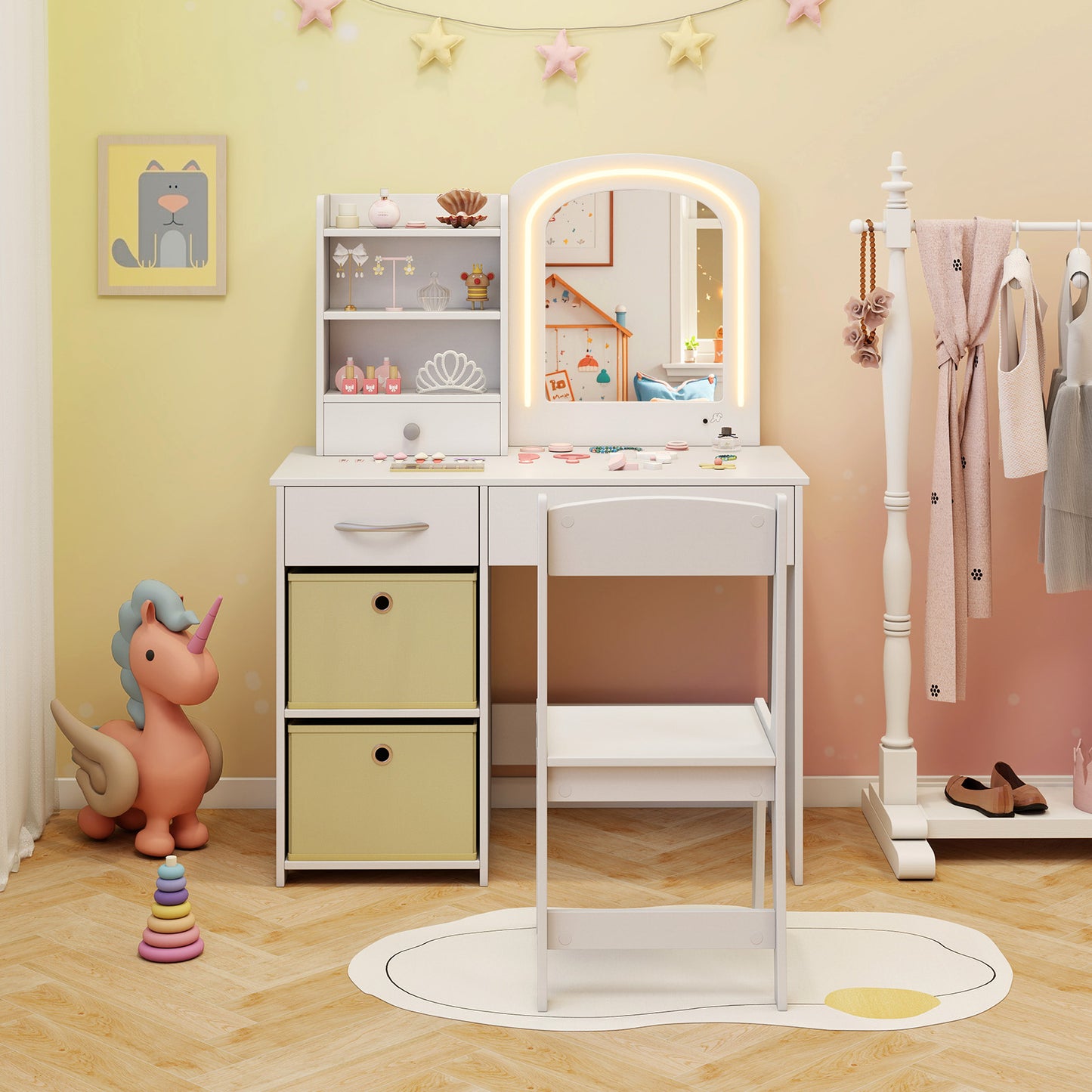 Kids Vanity Set with Lighted Mirror and Storage Drawers-Pink