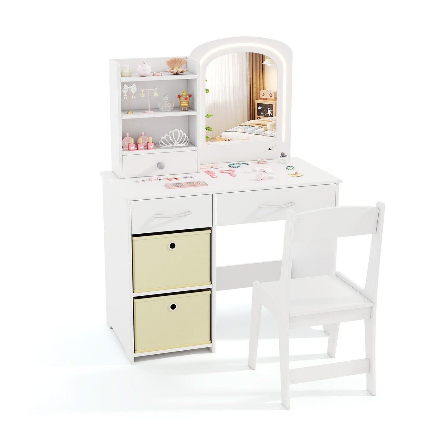 Kids Vanity Set with Lighted Mirror and Storage Drawers-Pink