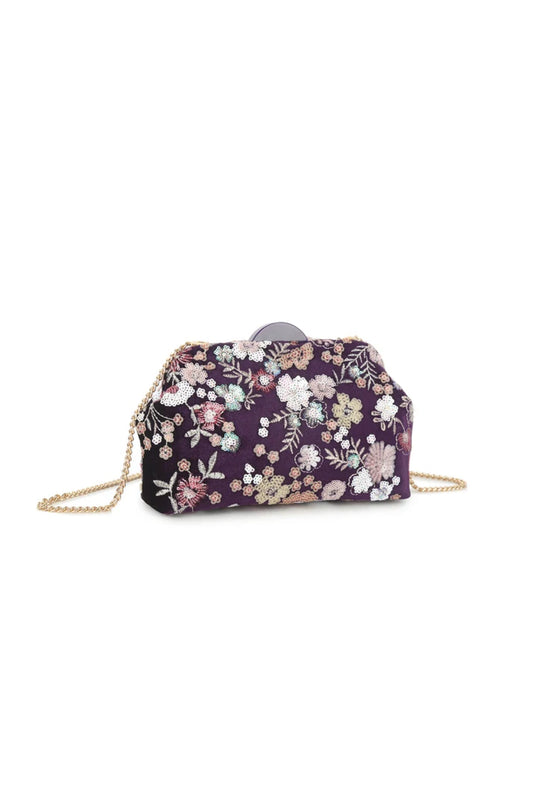 Purple Floral Embellished Velvet Clutch Bag