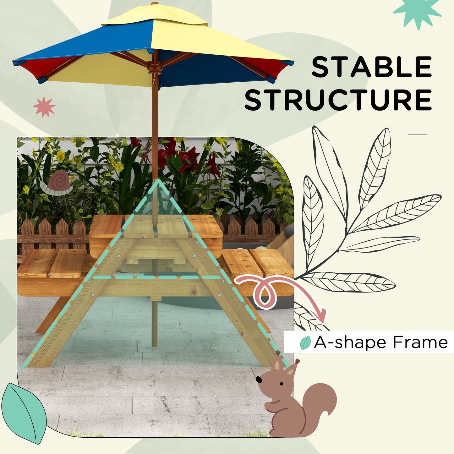 Outsunny Kids Picnic Table Set w/ Sand and Water, Removable Parasol - Brown