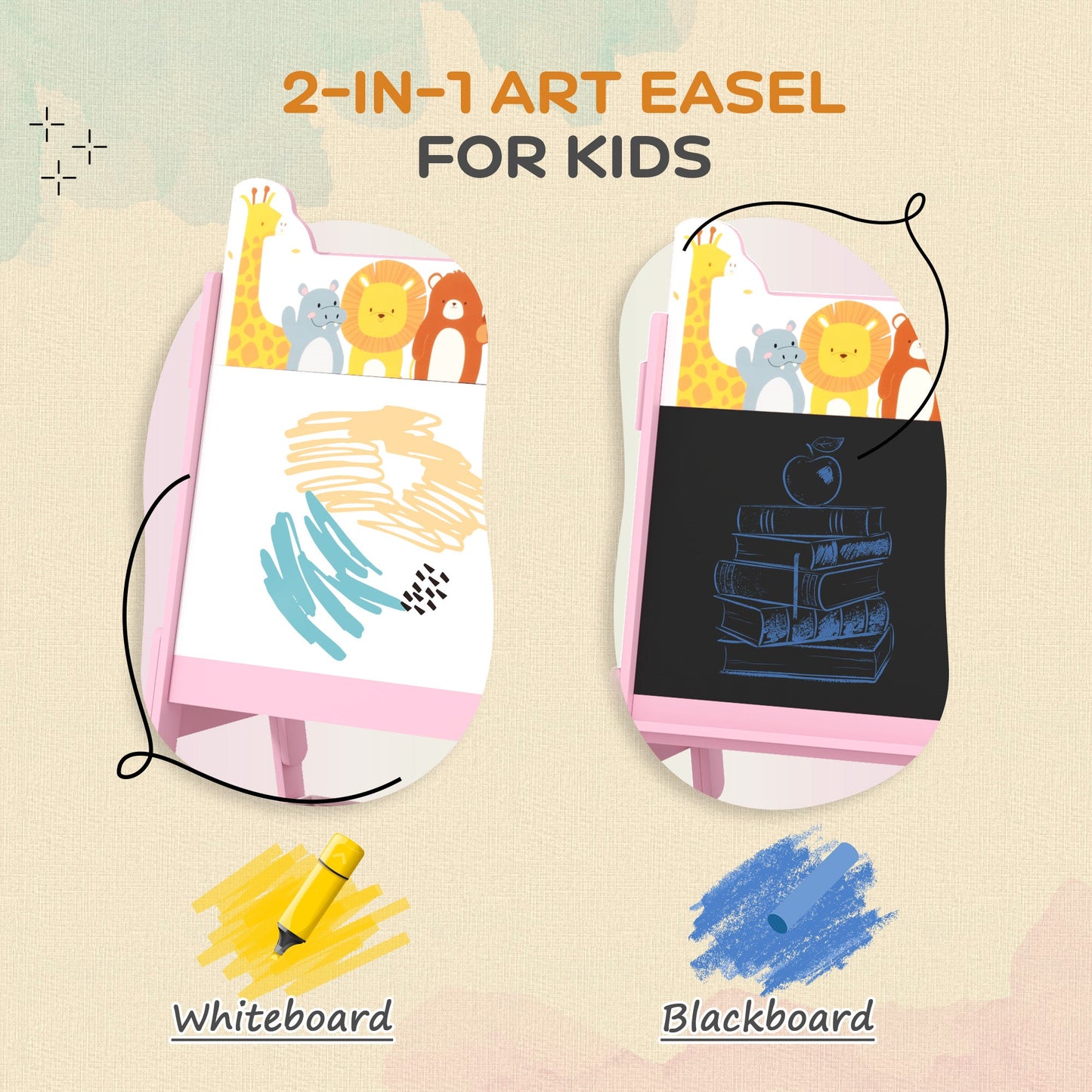 AIYAPLAY 2 in 1 Kids Easel with Whiteboard, Chalkboard, Storage Boxes, Pink
