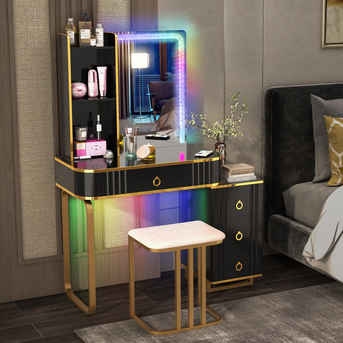 طاولة زينة مع مرآة وإضاءة LED متعددة الألوان (RGB) - أسود