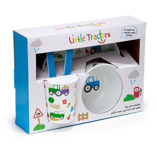 Recycled RPET Set of 5 Kids Cup, Bowl, Plate & Cutlery Set - Little Tractors