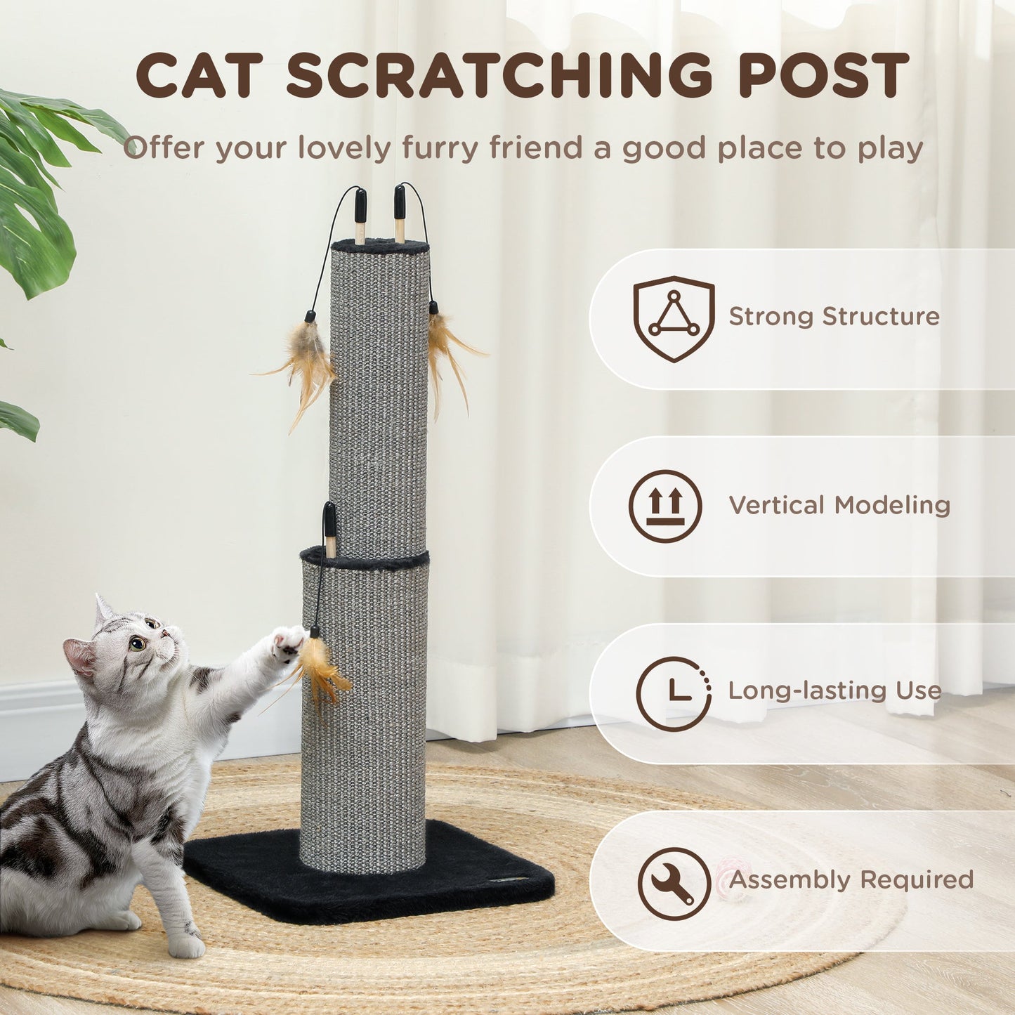 PawHut 78cm Tall Cat Scratching Post with 3 Toy Feathers