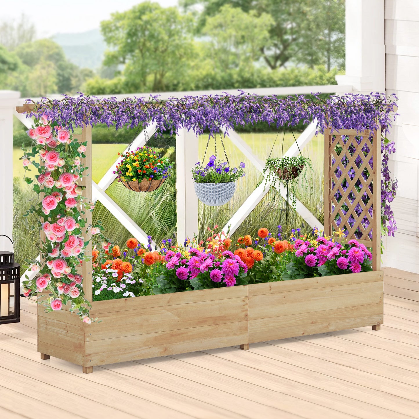 Raised Garden Bed with 2-Sided Trellis and Hanging Roof-Natural