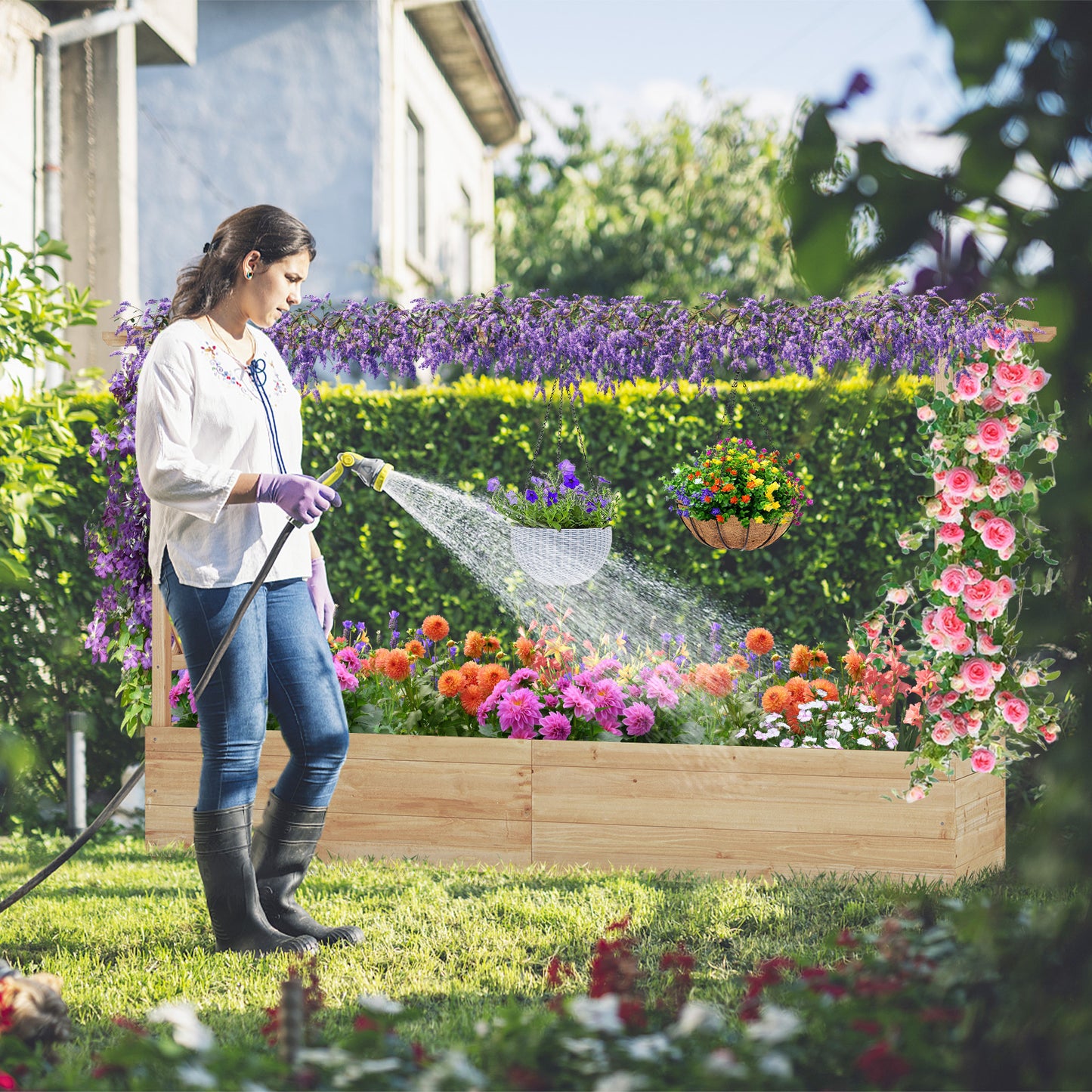 Raised Garden Bed with 2-Sided Trellis and Hanging Roof-Natural