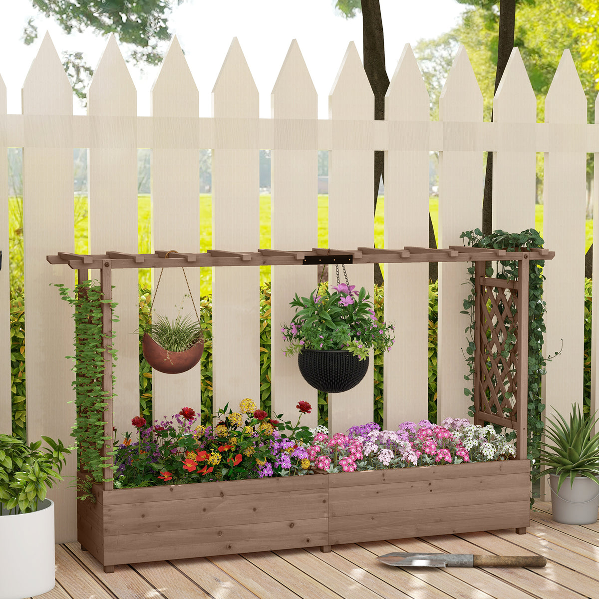 Raised Garden Bed with 2-Sided Trellis and Hanging Roof-Natural