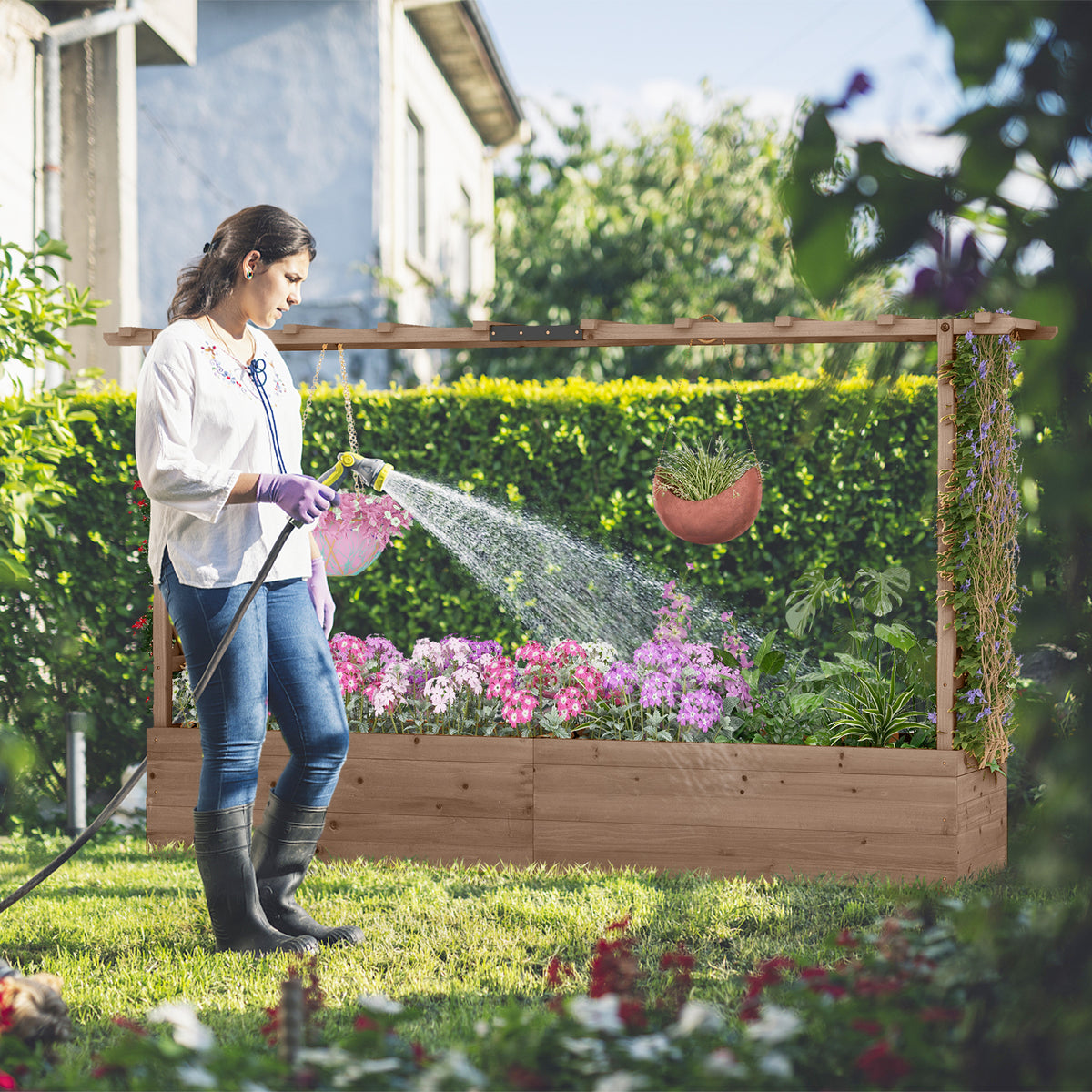 Raised Garden Bed with 2-Sided Trellis and Hanging Roof-Natural