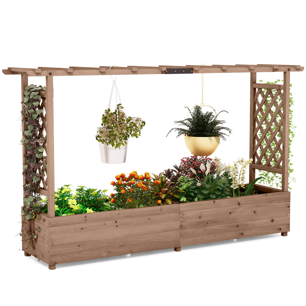 Raised Garden Bed with 2-Sided Trellis and Hanging Roof-Natural