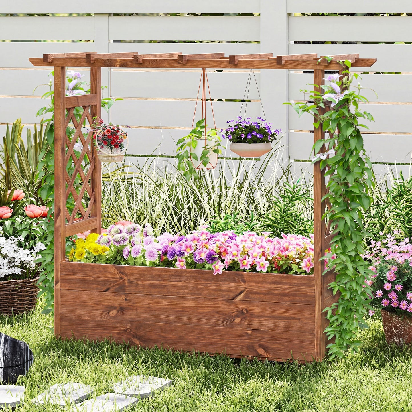 Raised Garden Bed with Lattice Trellises Hanging Roof Drainage-Ornge-L