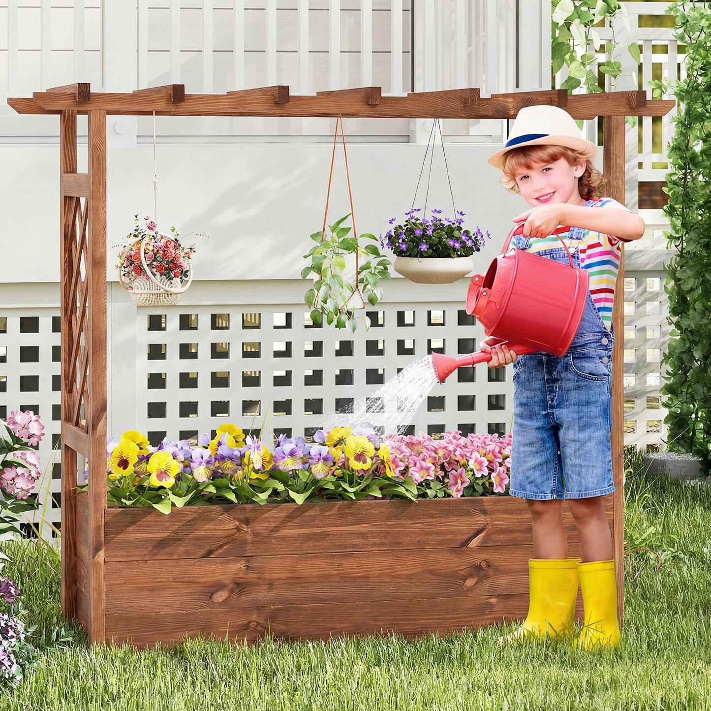 Raised Garden Bed with Lattice Trellises Hanging Roof Drainage-Ornge-L