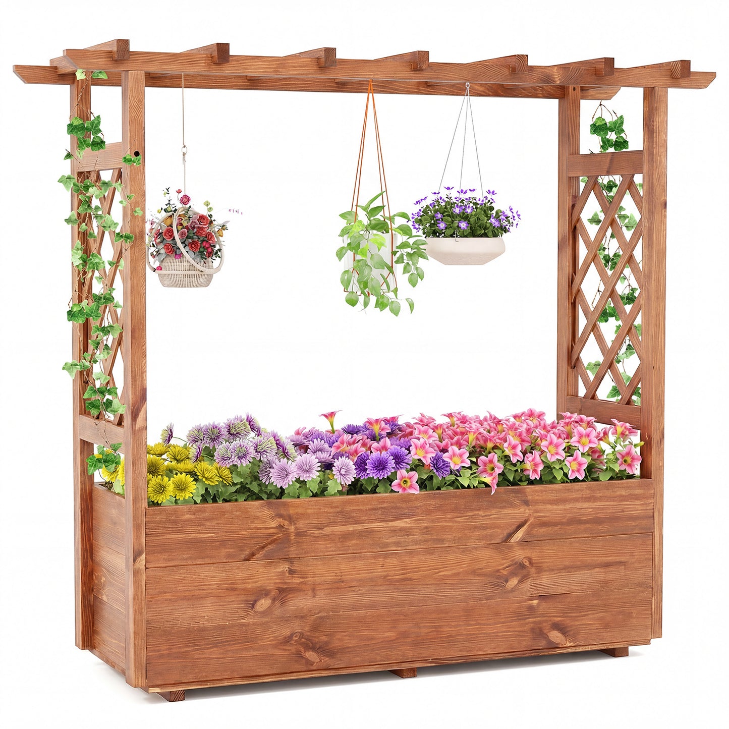 Raised Garden Bed with Lattice Trellises Hanging Roof Drainage-Ornge-L
