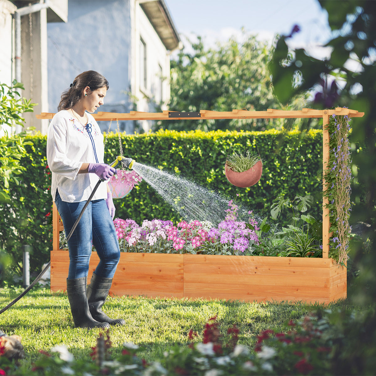 Raised Garden Bed with 2-Sided Trellis and Hanging Roof-Natural