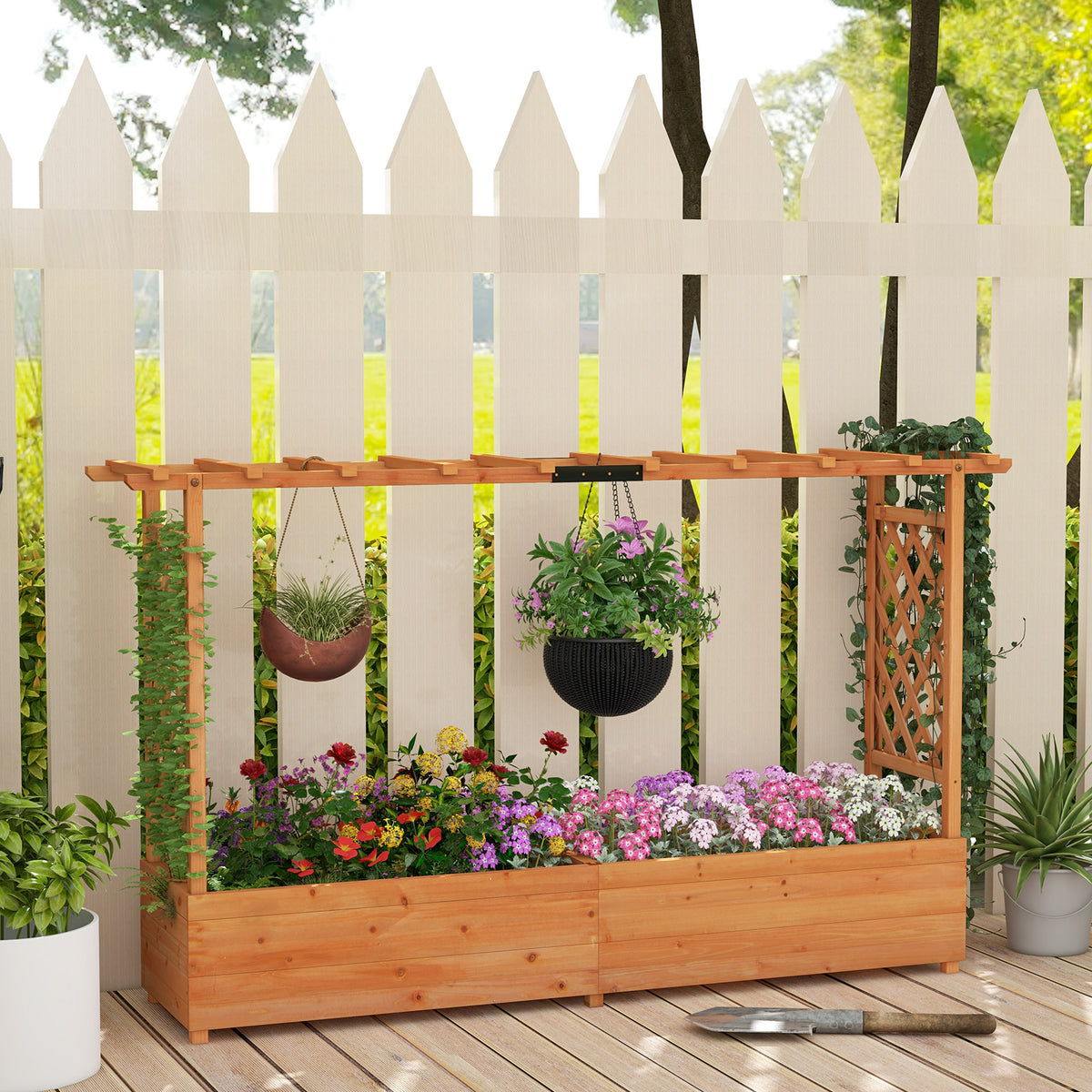 Raised Garden Bed with 2-Sided Trellis and Hanging Roof-Natural