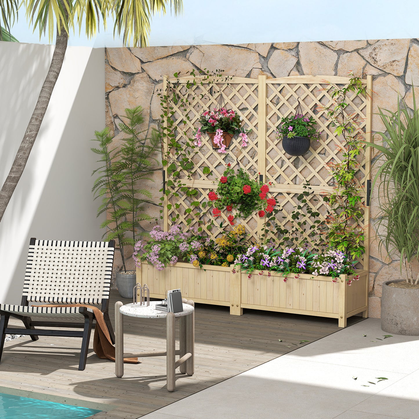 Raised Garden Bed with Diamond Shaped Trellis-Natural