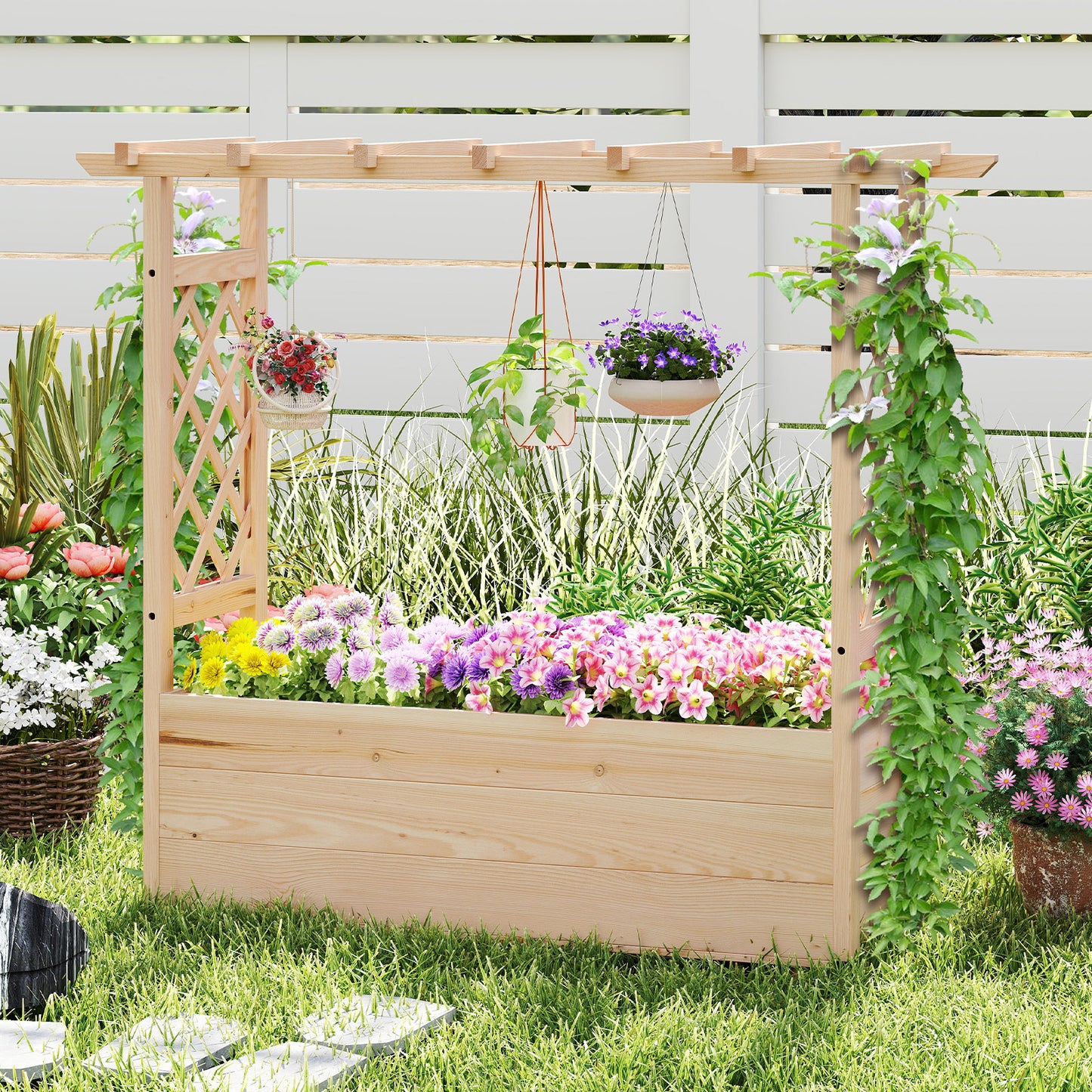 Raised Garden Bed with Lattice Trellises Hanging Roof Drainage-Ornge-L