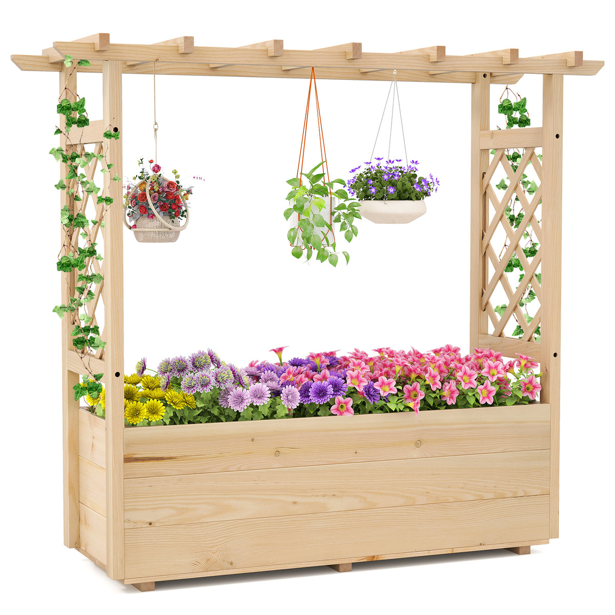 Raised Garden Bed with Lattice Trellises Hanging Roof Drainage-Ornge-L