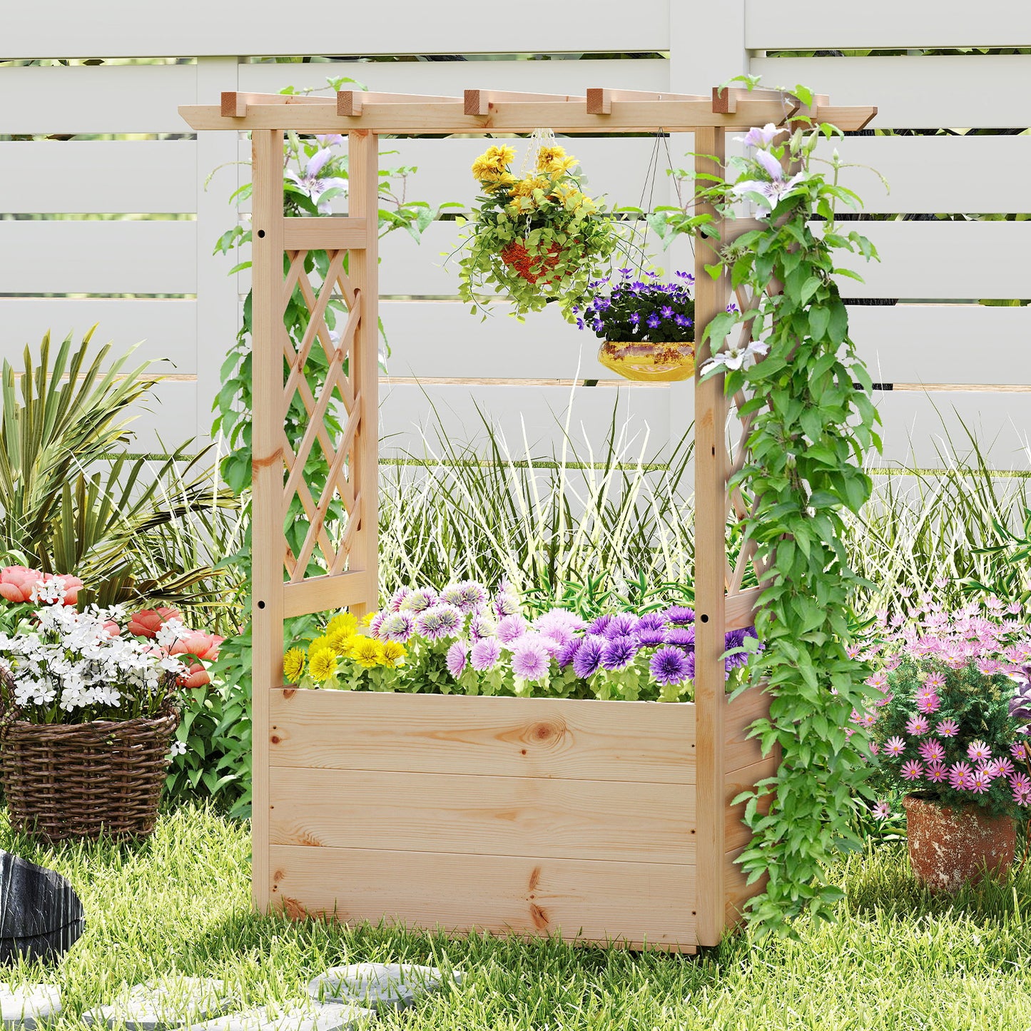 Raised Garden Bed with Lattice Trellises Hanging Roof Drainage-Ornge-L