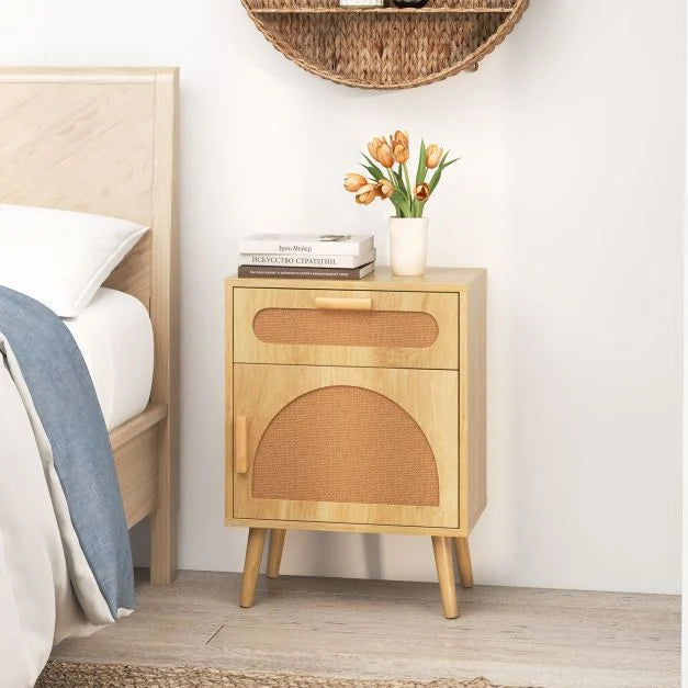 Rattan Nightstand Set of 2 Boho Bedside Table with Rattan-decorated Door