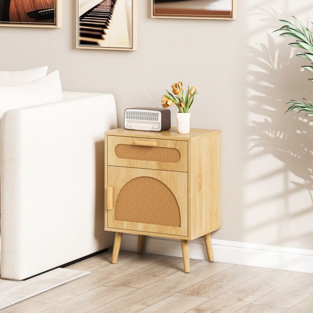 Rattan Nightstand Set of 2 Boho Bedside Table with Rattan-decorated Door