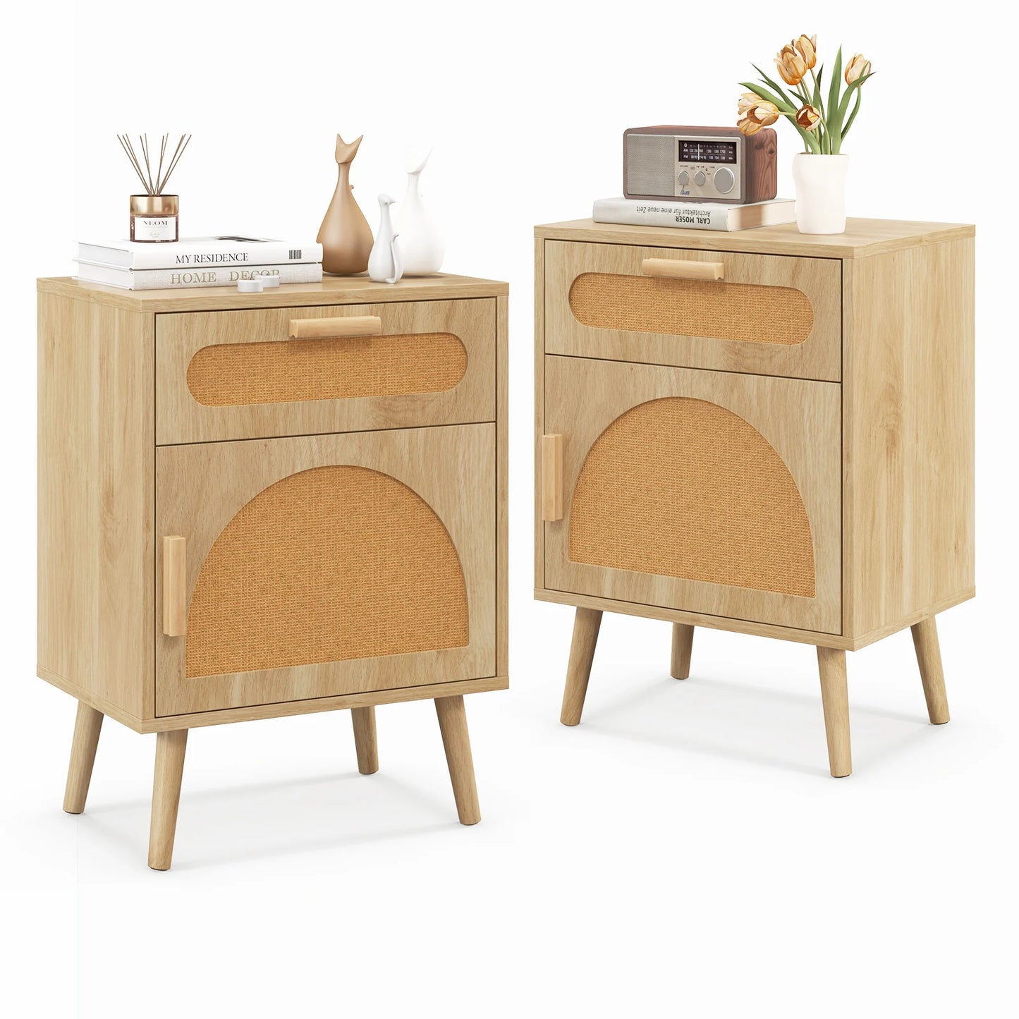 Rattan Nightstand Set of 2 Boho Bedside Table with Rattan-decorated Door