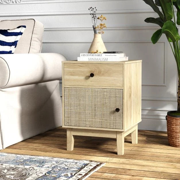 Rattan Nightstand Set of 2 with Storage Drawer and Cabinet-Black