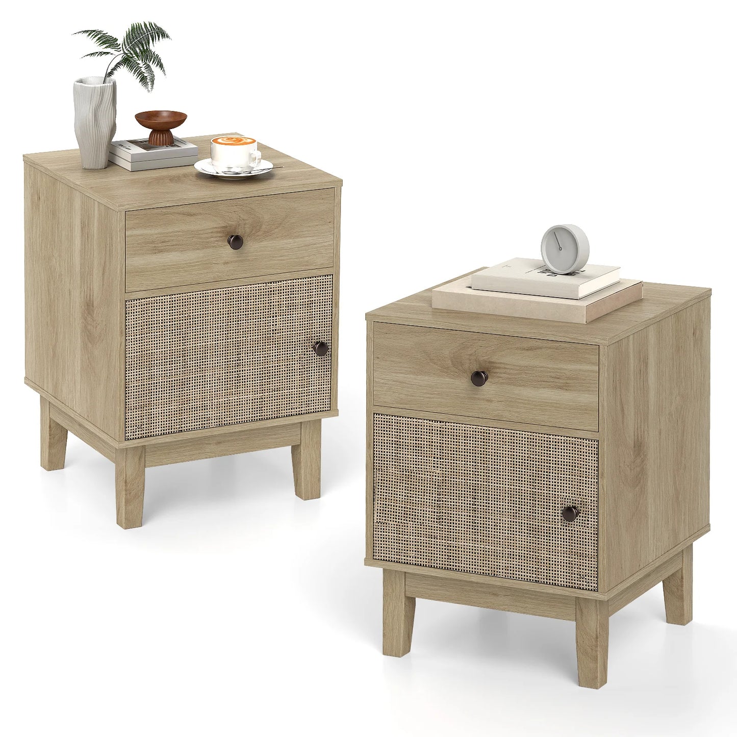 Rattan Nightstand Set of 2 with Storage Drawer and Cabinet-Black