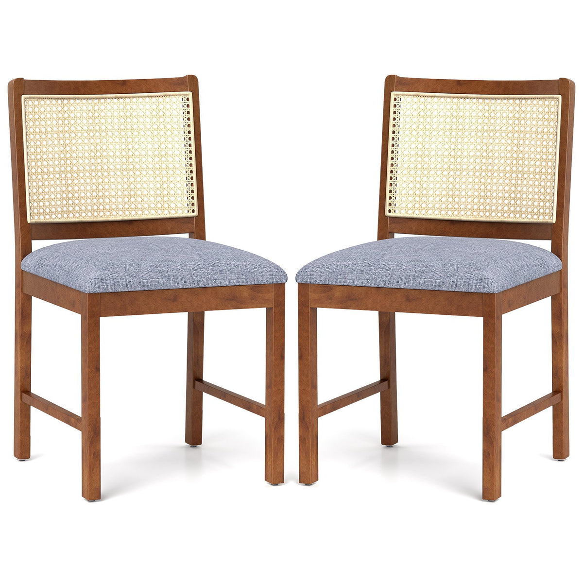 Rattan Dining Chair Set of 2 with Rubber Wood Frame and Linen Fabric Padded-Walnut