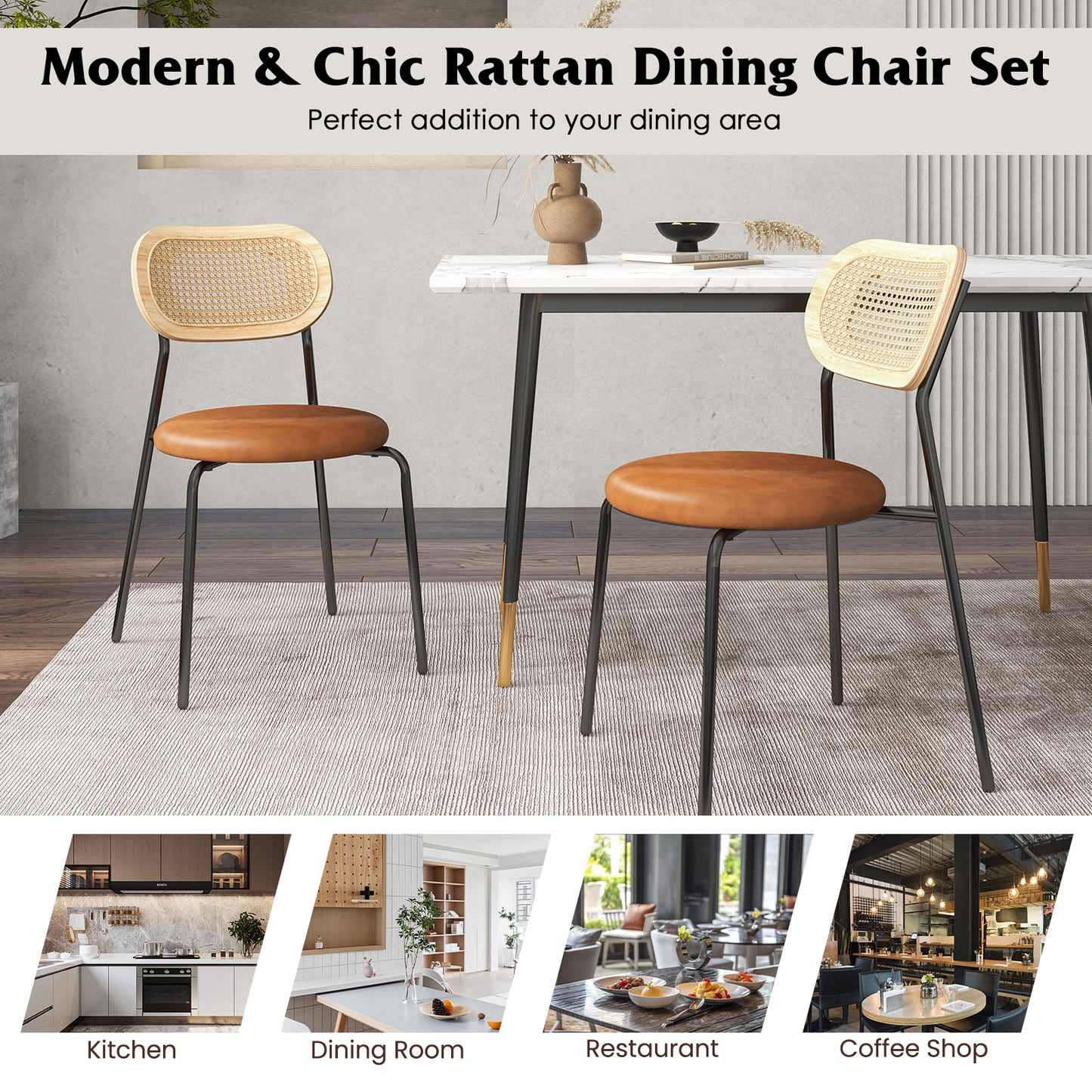 Rattan Dining Chair Set of 2 with Mesh Cane Backrest-Coffee