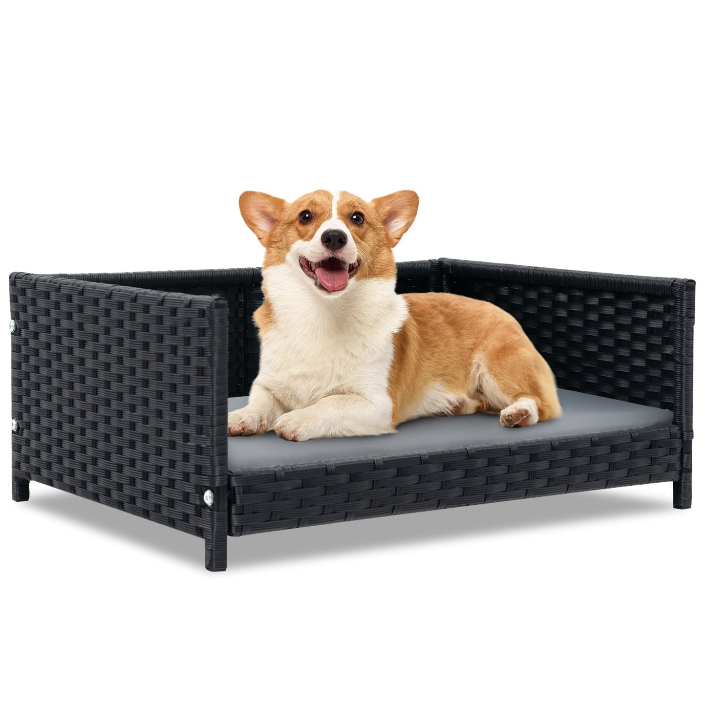 Handwoven Wicker Pet Bed Sofa Couch with Metal Frame and Cushion-Grey