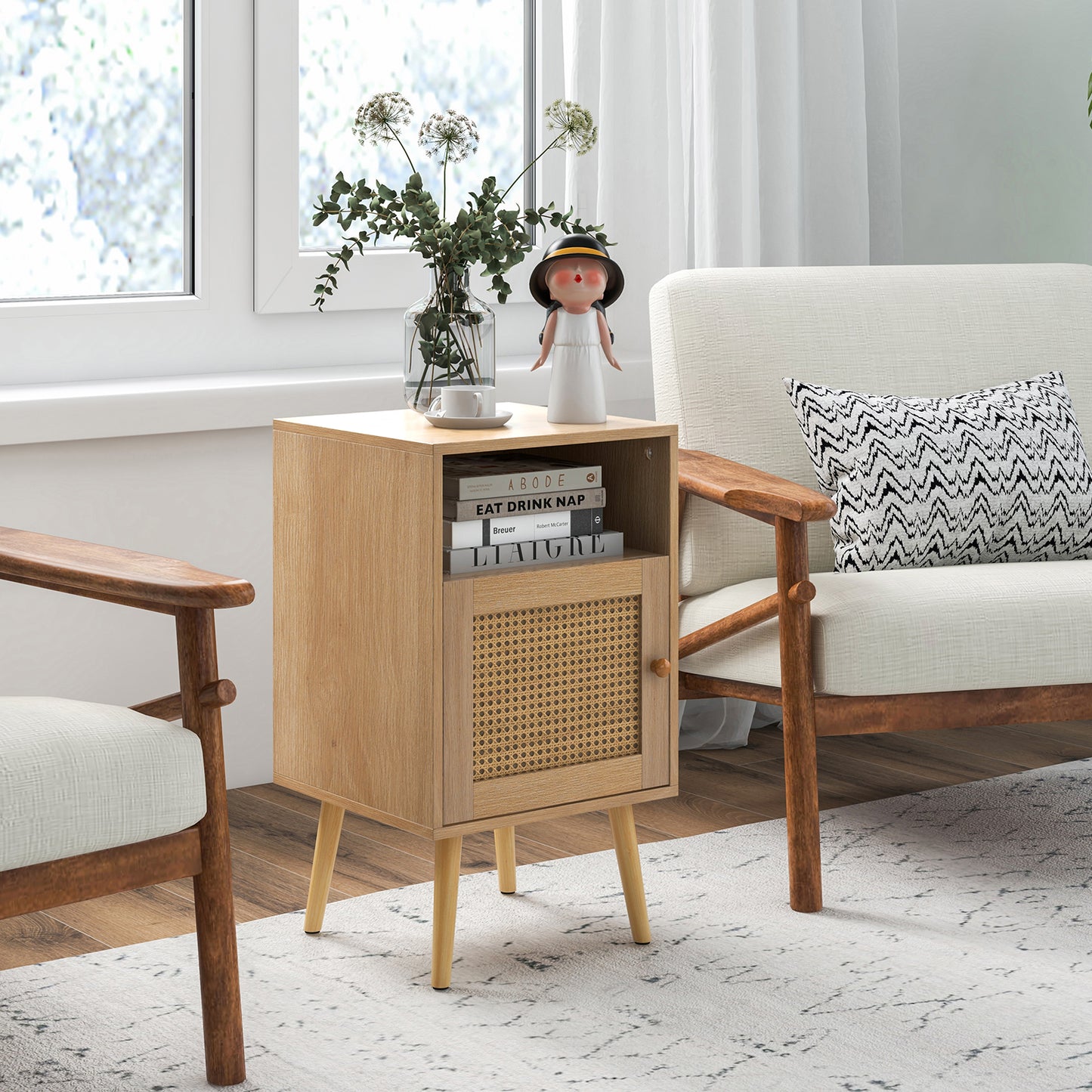 Rattan Nightstand with Storage and PE Rattan Decorated Door-White-1 Pack