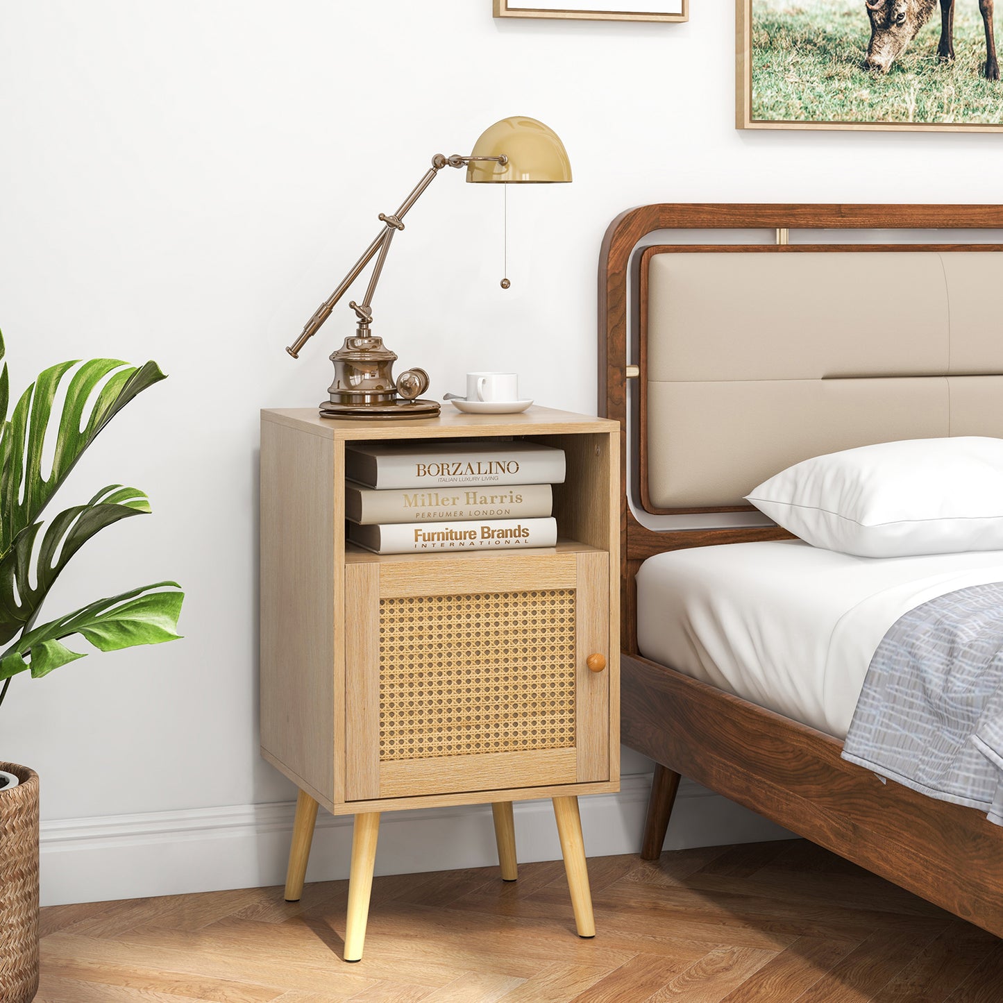 Rattan Nightstand with Storage and PE Rattan Decorated Door-White-1 Pack