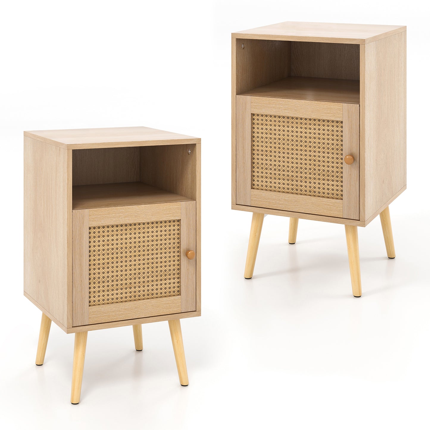 Rattan Nightstand with Storage and PE Rattan Decorated Door-White-1 Pack