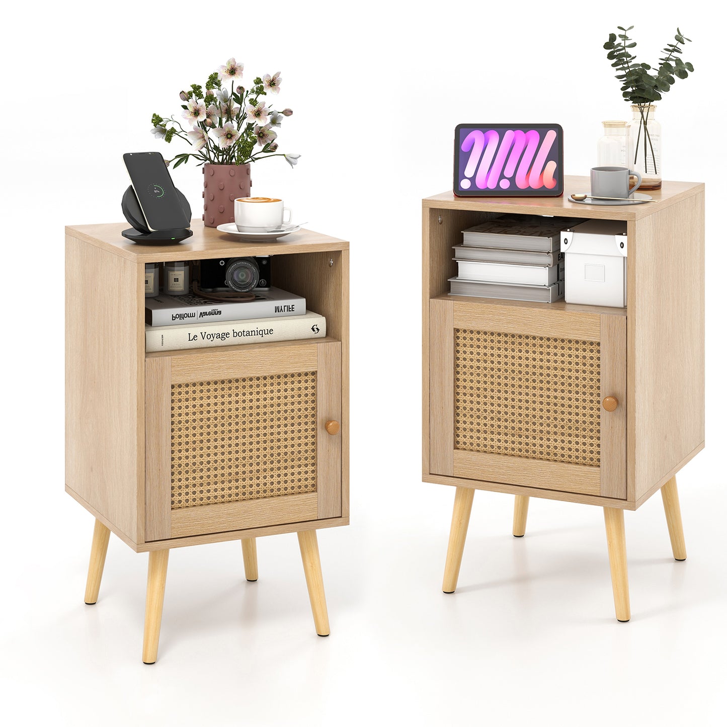 Rattan Nightstand with Storage and PE Rattan Decorated Door-White-1 Pack