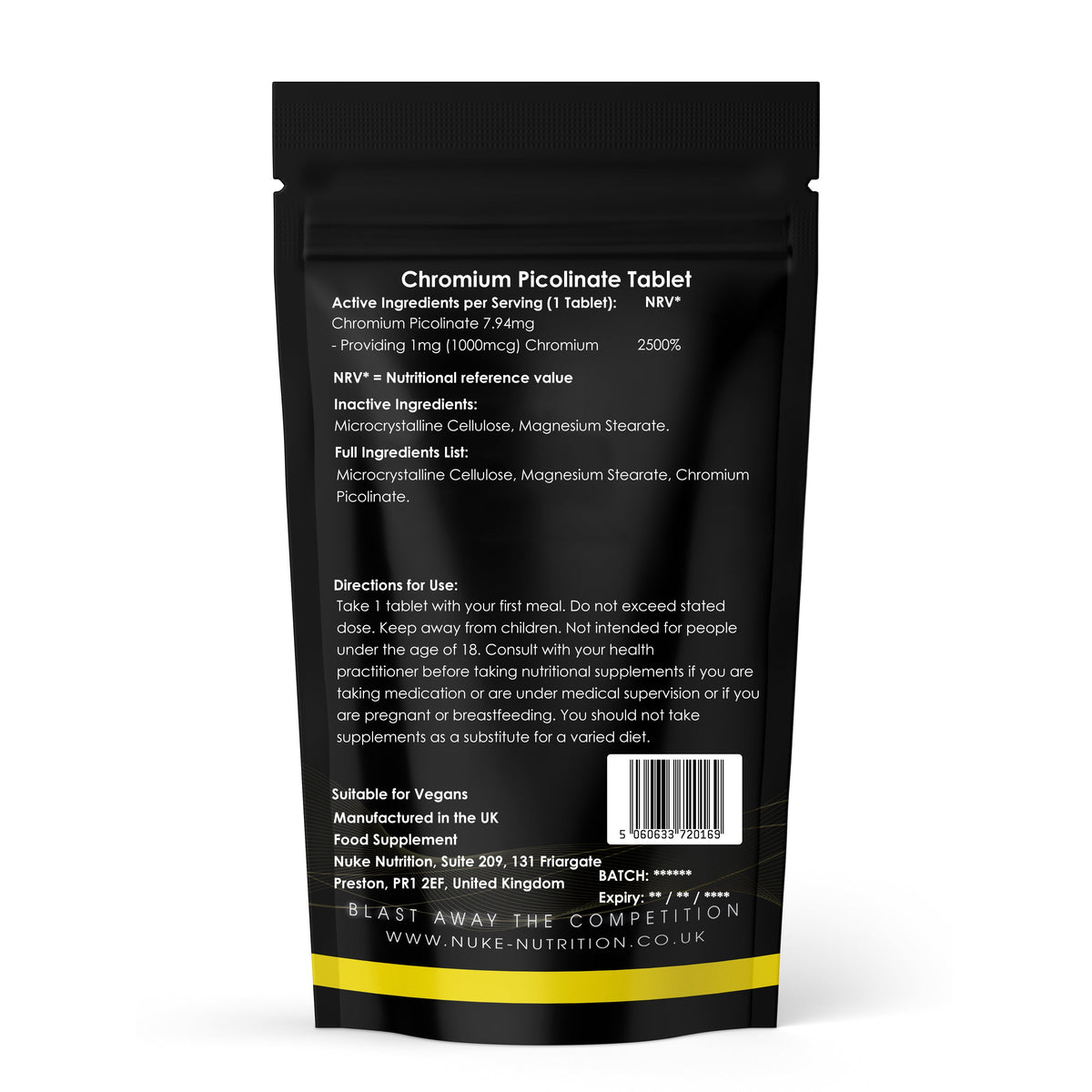 Chromium Picolinate 1000mcg Tablets Blood Sugar Regulator - Aids Protein Synthesis - Fat Blocker